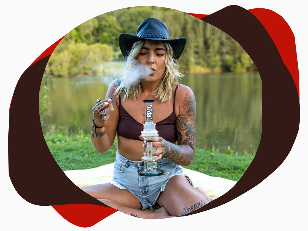 Woman smoking Bud Twisted Inline Percolator Bong