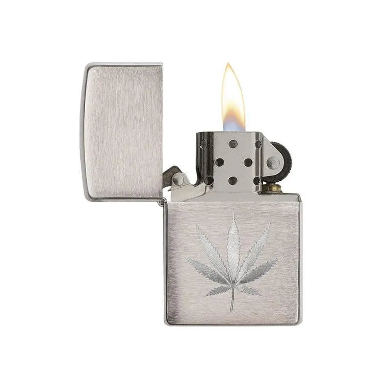 Zippo Marijuana Leaf Design Brushed Chrome Lighter-