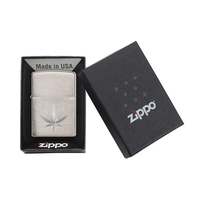 Zippo Marijuana Leaf Design Brushed Chrome Lighter-