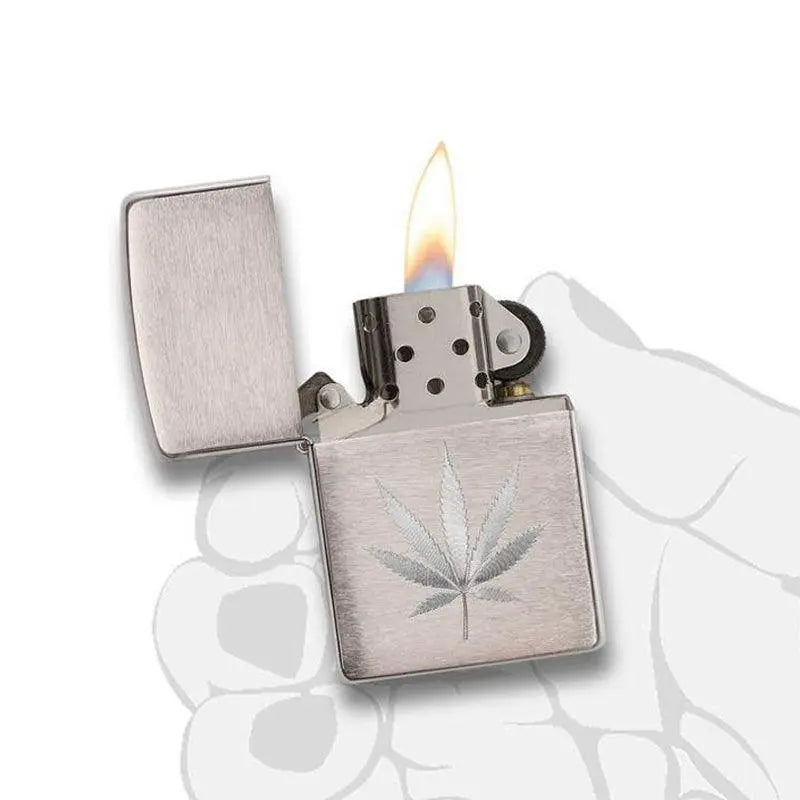 Zippo Marijuana Leaf Design Brushed Chrome Lighter-