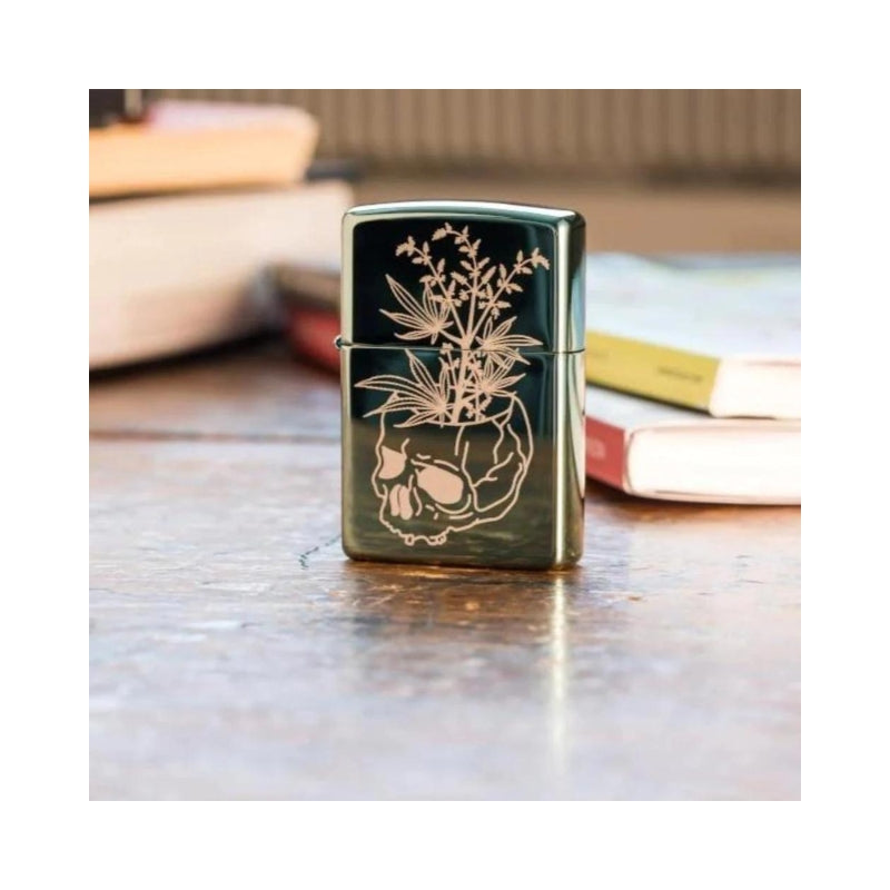 Zippo High Polish Green Plant Skull Lighter-