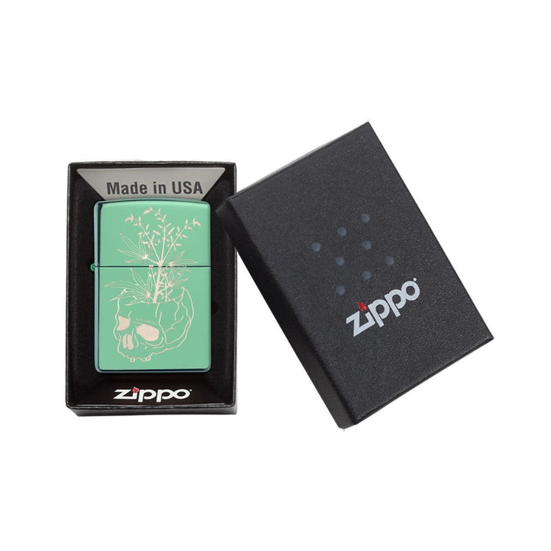 Zippo High Polish Green Plant Skull Lighter-